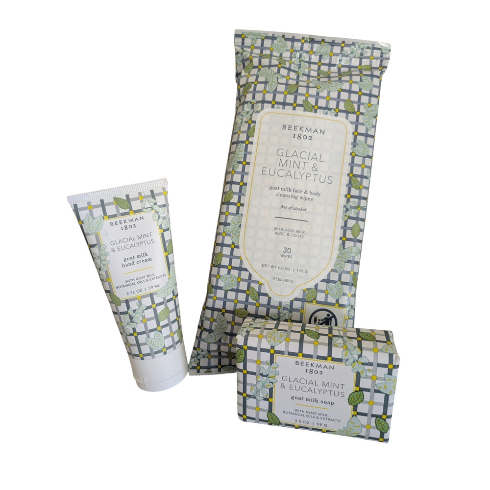 Beekman 1802 Glacial Mint and Eucalyptus Goat Milk Hand Cream Wipes Soap Set New